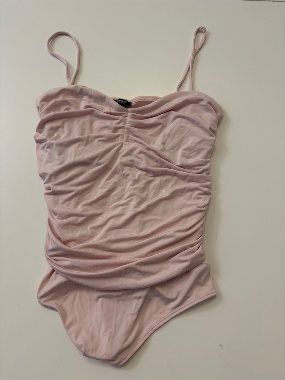 Express Ruched Pink Spaghetti-Strap Bodysuit
